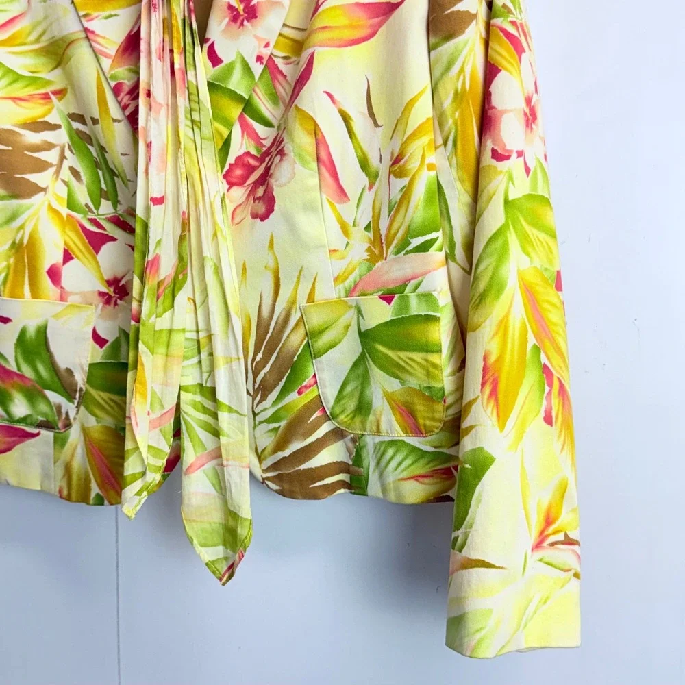 Judith Hart Petites Tropical Floral Blazer Jacket Yellow Green Pink Tie Neck 6P